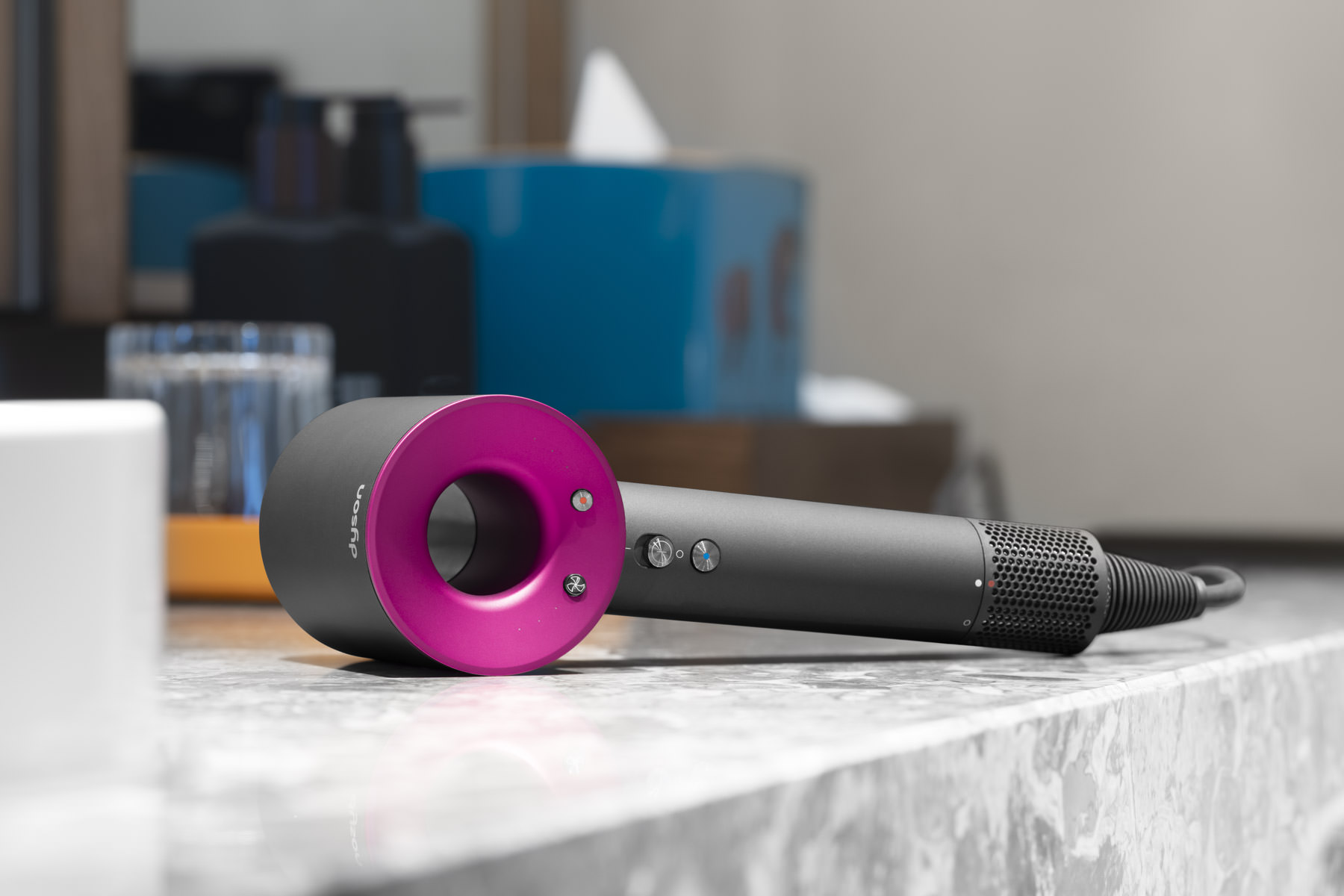 Product photography of a Dyson hairdryer